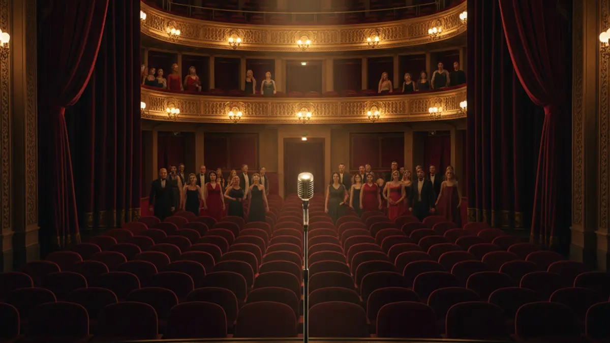 Imatge genèrica d'un escenari teatral amb un micròfon i cortines de vellut, il·luminació càlida.