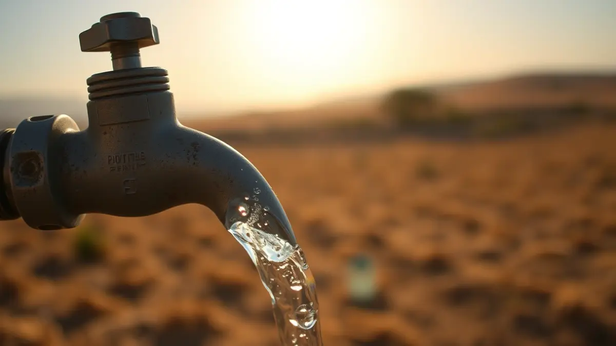 Generic image of a tap with running water and dry agricultural fields in the background, symbolizing water management.