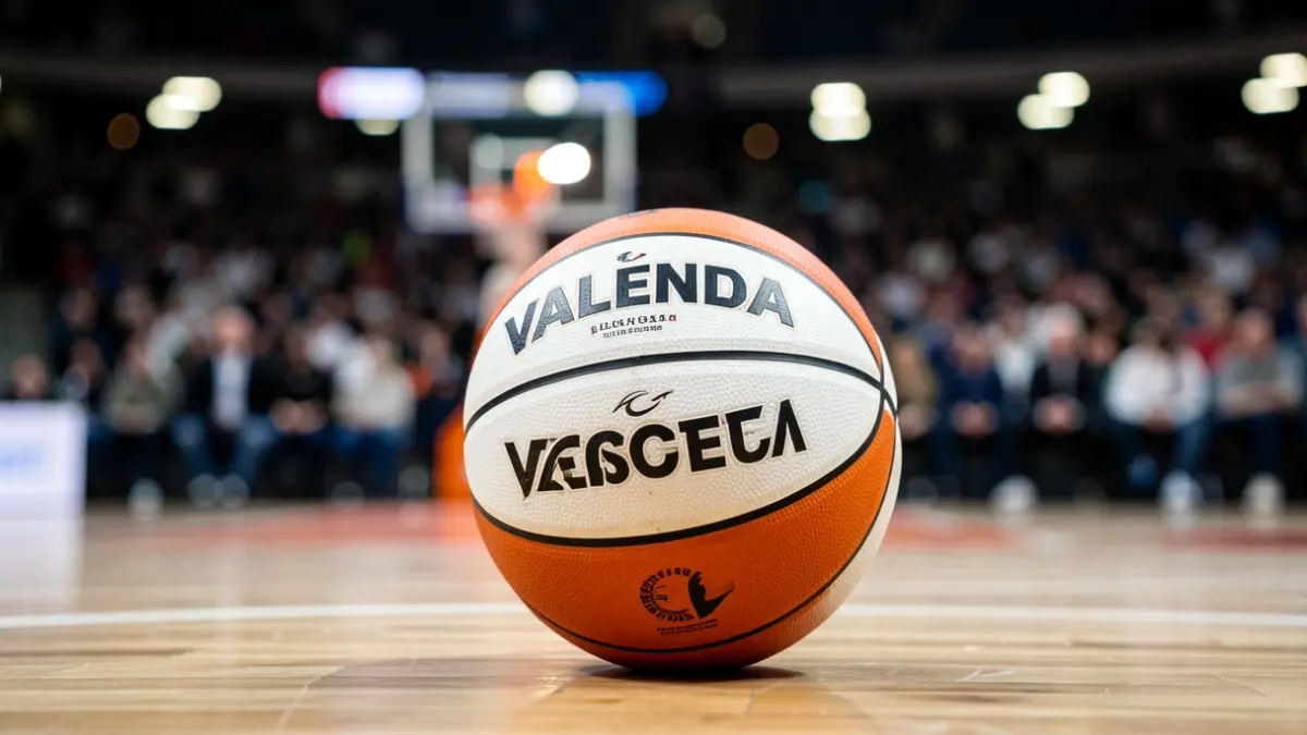 Imagen genérica de un balón de baloncesto con los colores del Valencia Basket sobre una cancha de madera.
