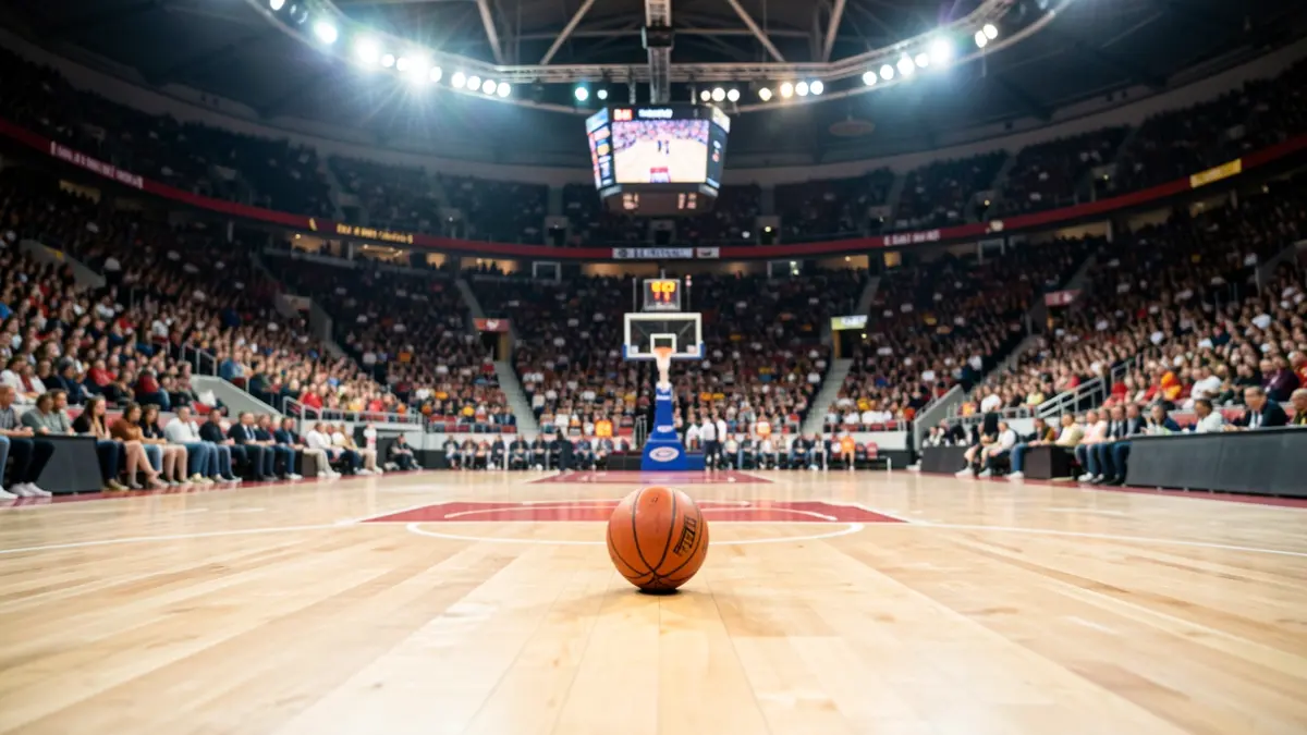Generic image of the Palau Blaugrana interior during a basketball game, with blurred spectators and bright court lights.