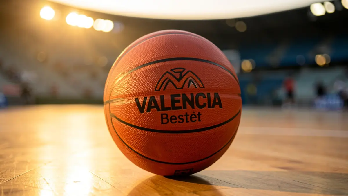 Balón de baloncesto del Valencia Basket sobre una pista de madera.
