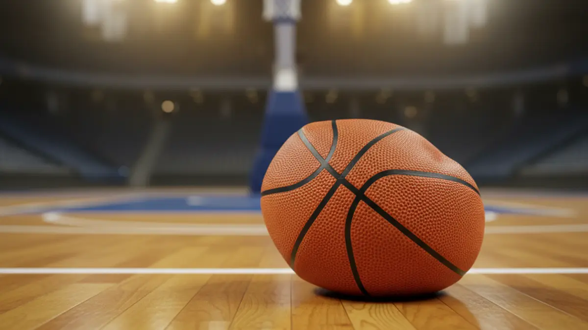 Generic image of a basketball on a court, with a blurred hoop in the background.