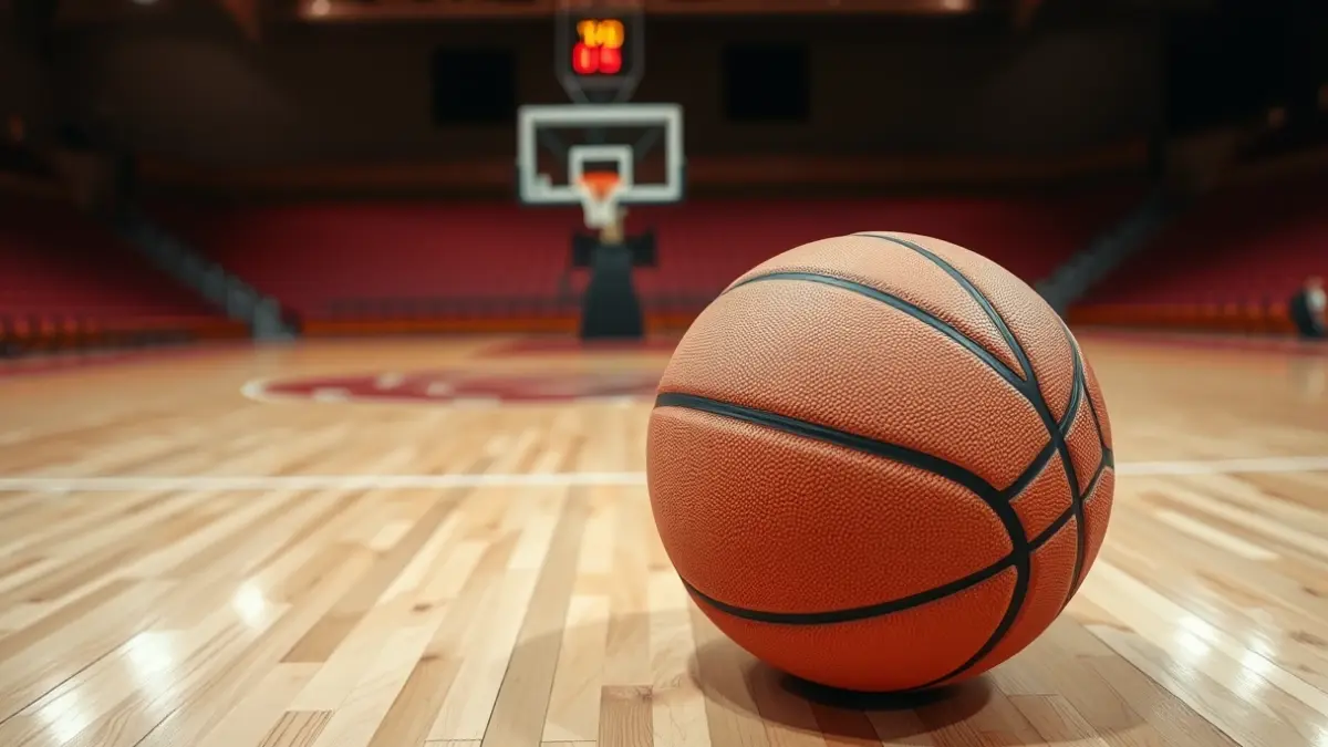 Imagen genérica de un balón de baloncesto en una cancha, con la canasta desenfocada al fondo.