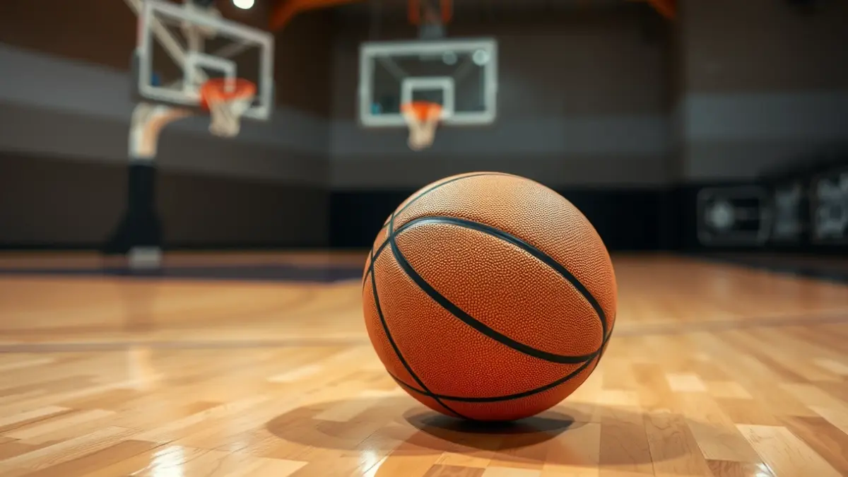 Generic image of a basketball on a wooden court, with a blurred hoop in the background.