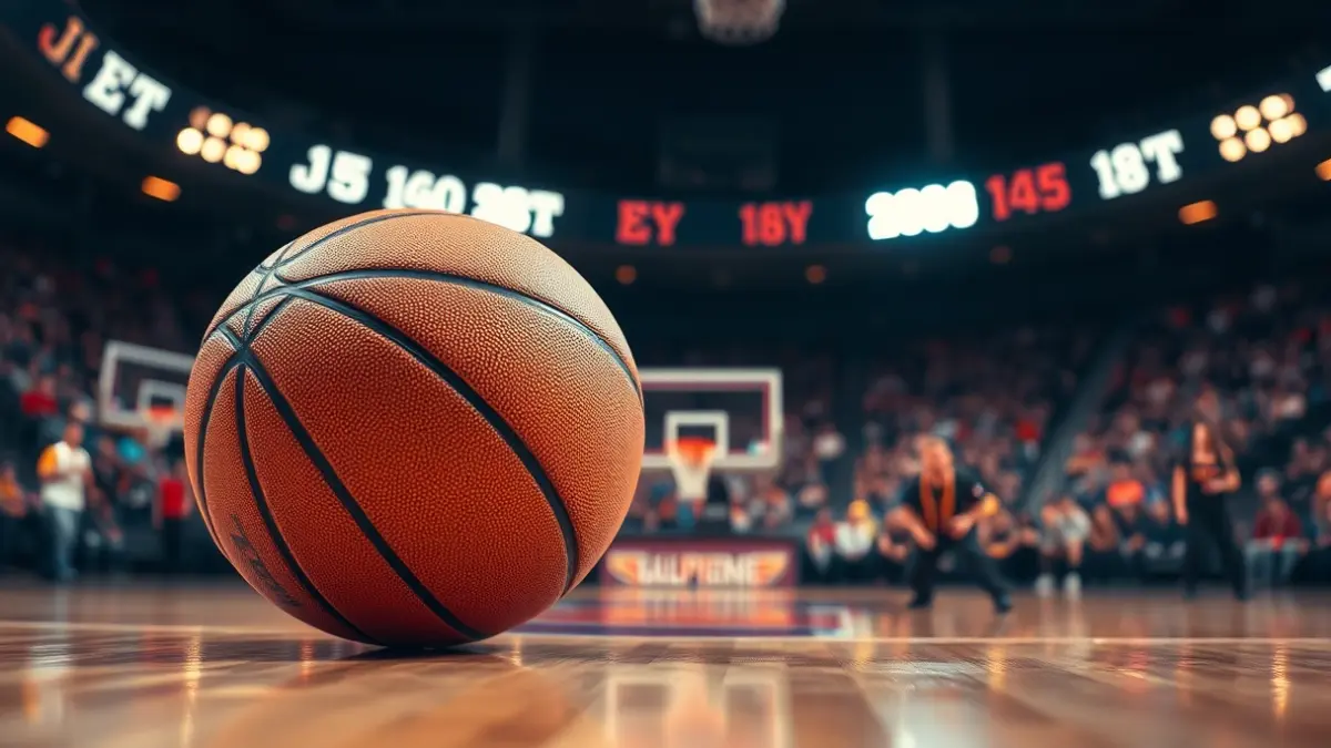 Generic image of a basketball on a court, with blurred stadium lights in the background.