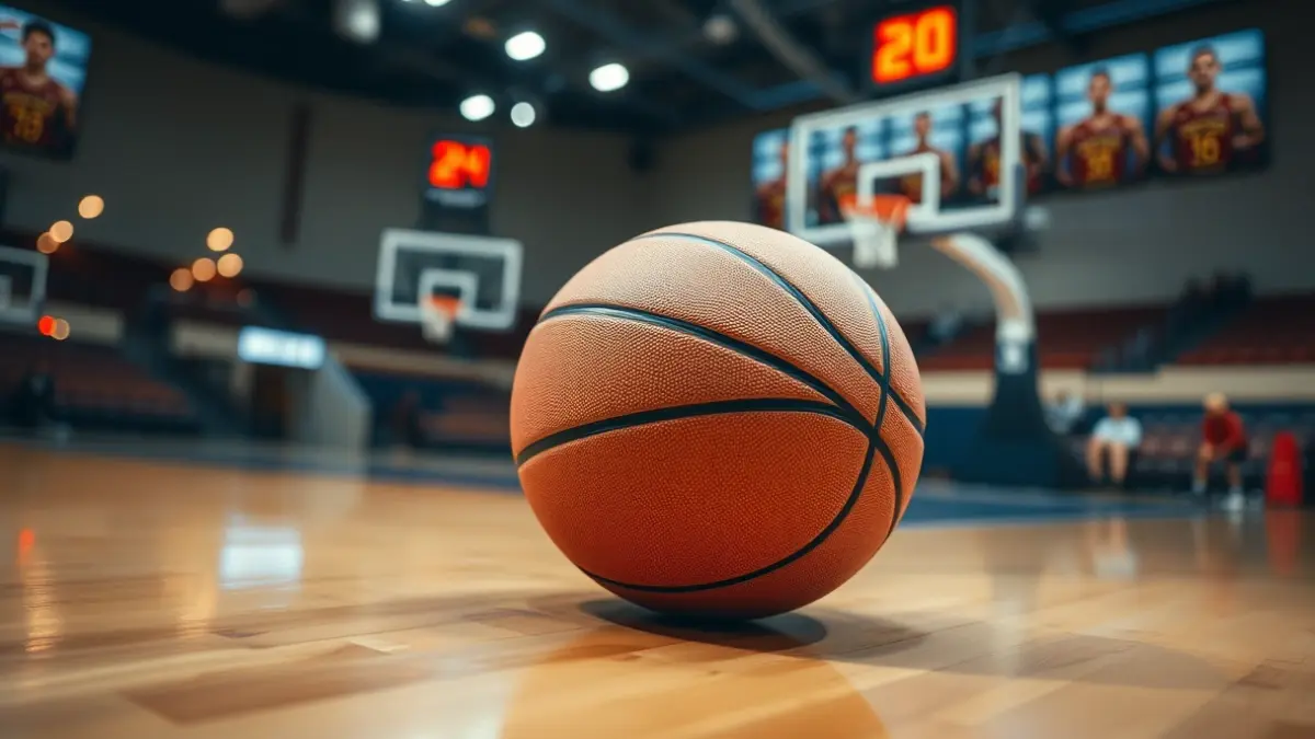 Generic image of a basketball on a court, with the hoop blurred in the background.