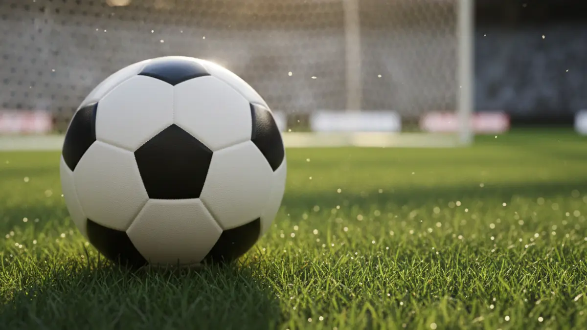Imatge genèrica d'una pilota de futbol sobre la gespa d'un camp, amb la porteria desenfocada al fons.