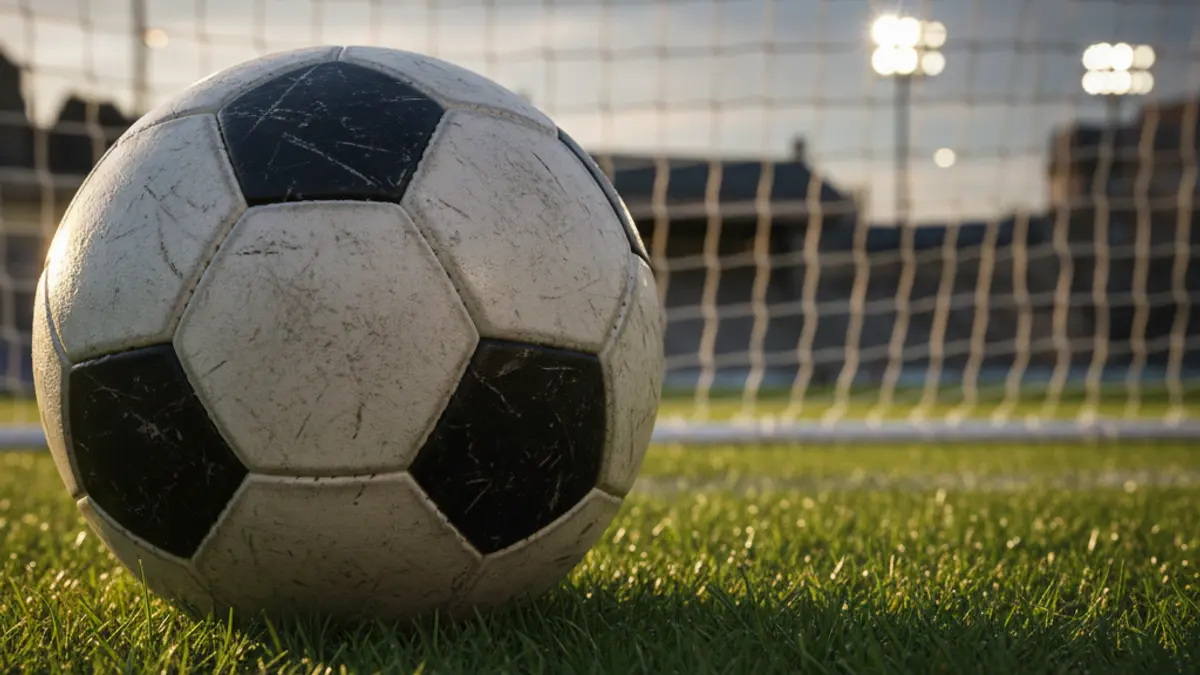Imatge genèrica d'una pilota de futbol en la gespa d'un camp, amb la porteria desenfocada al fons.