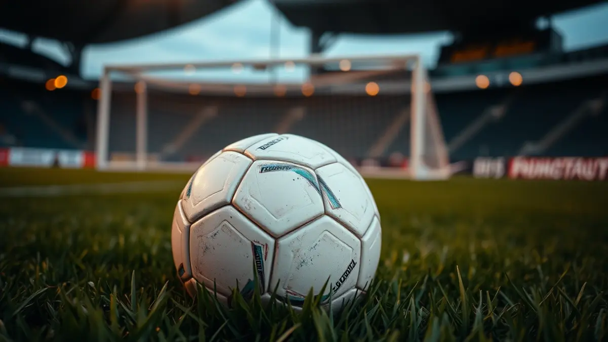 Generic image of a soccer ball on stadium grass, with a blurred goal net in the background.