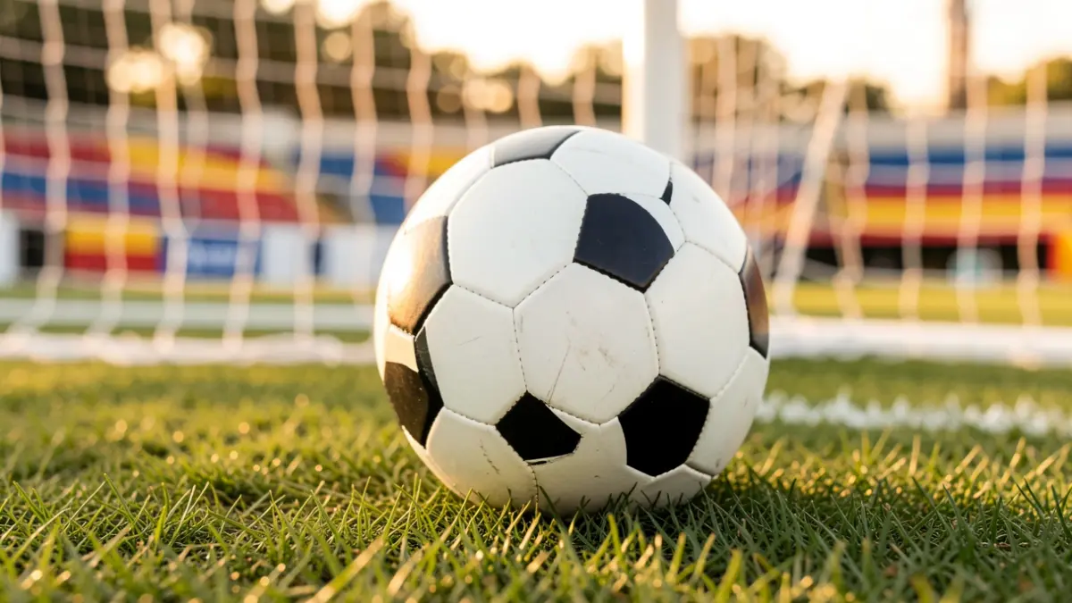 Imatge genèrica d'una pilota de futbol en un camp amb la xarxa de la porteria desenfocada.