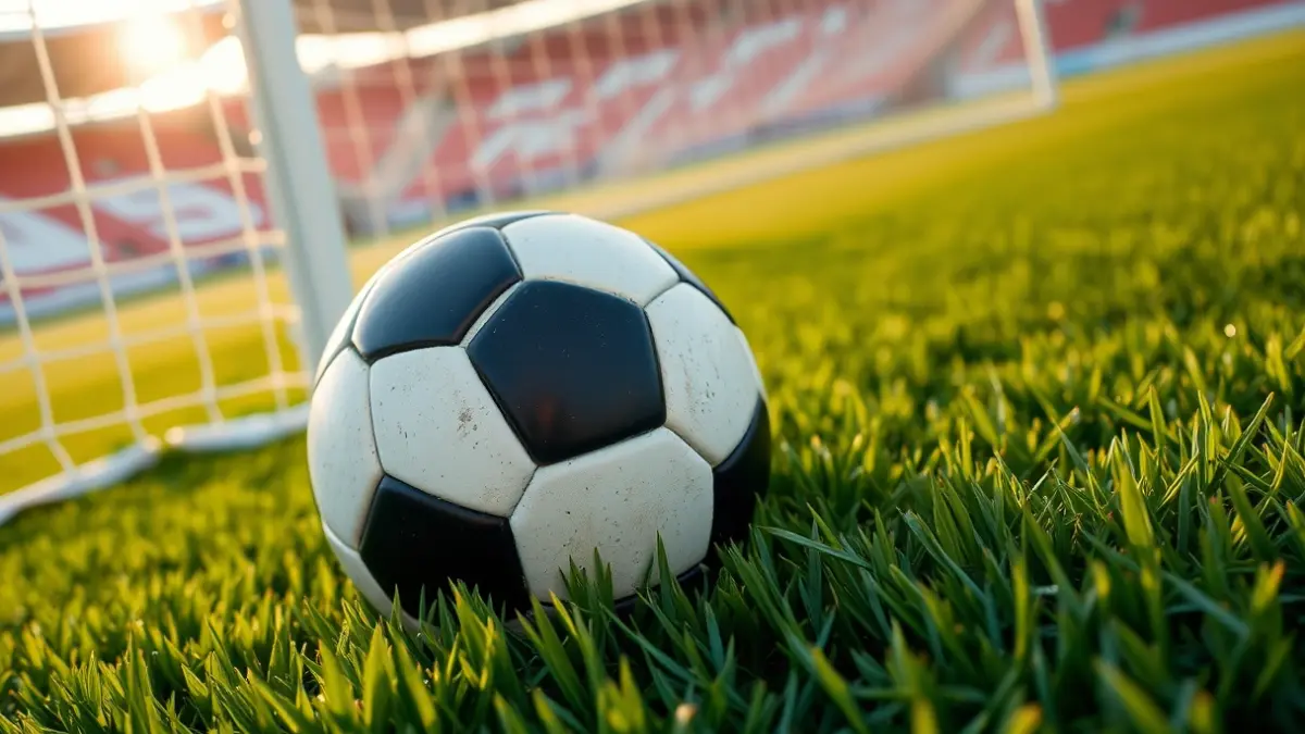 Imatge genèrica d'una pilota de futbol sobre la gespa d'un camp, amb la porteria desenfocada al fons.