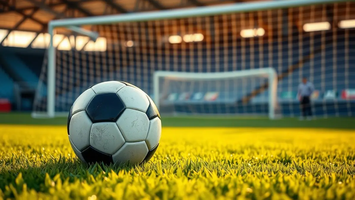 Imagen genérica de un balón de fútbol sobre el césped de un campo, con la portería desenfocada al fondo.