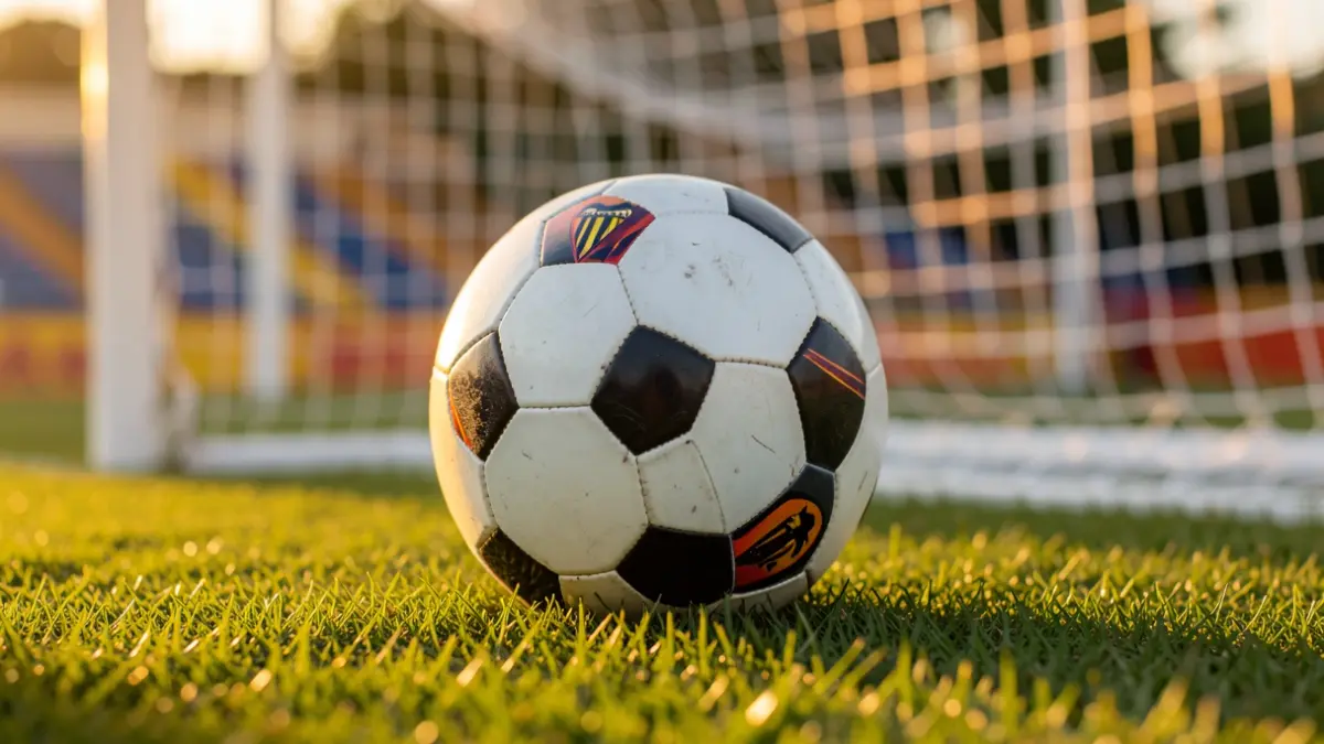 Generic image of a soccer ball on grass with the goal net blurred.