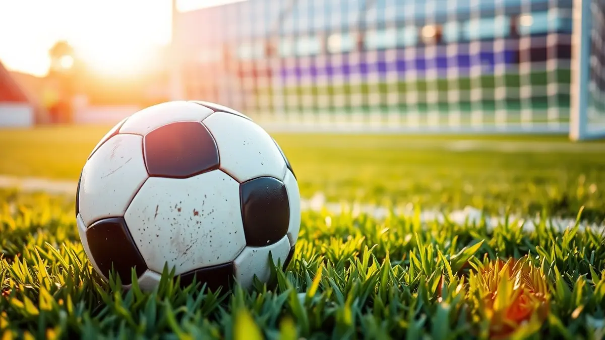 Generic image of a soccer ball on a green field, with a blurred goal net in the background.