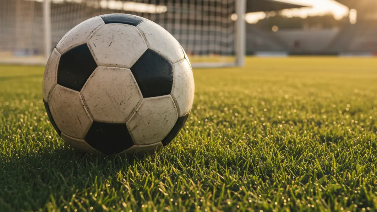 Generic image of a soccer ball on a stadium pitch, with a blurred goal net in the background.