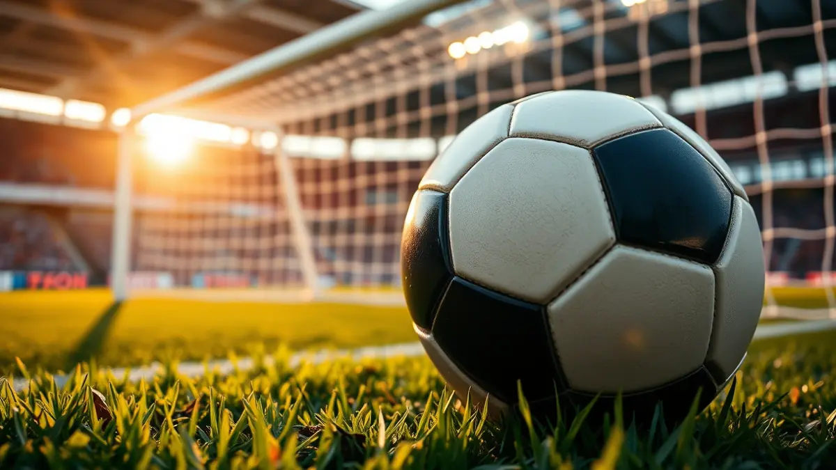 Imatge genèrica d'una pilota de futbol sobre la gespa d'un camp, amb la porteria desenfocada al fons.