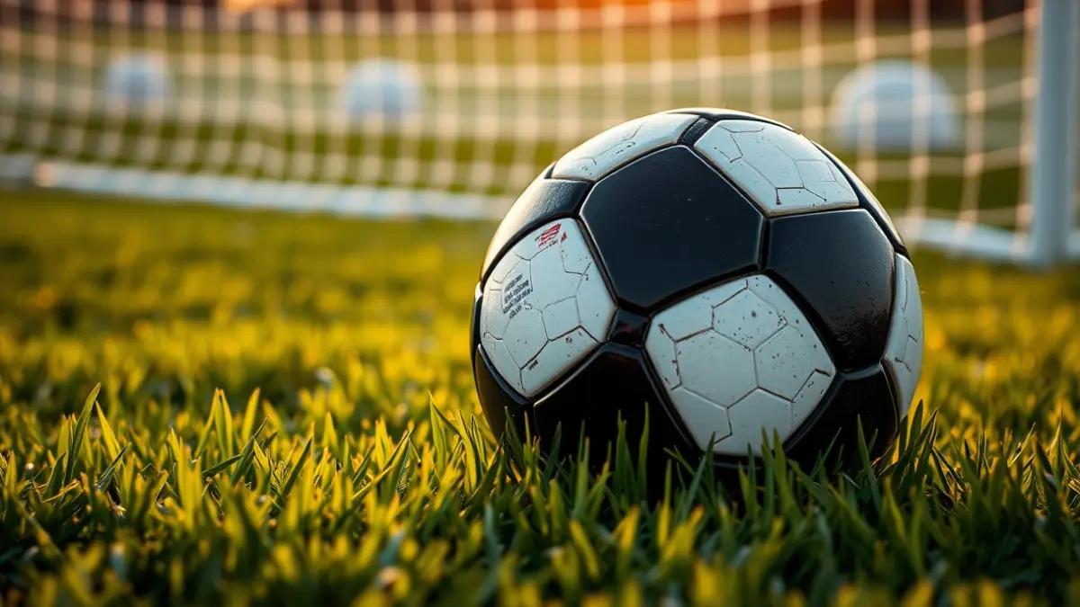 Imatge genèrica d'una pilota de futbol sobre la gespa d'un camp, amb la porteria desenfocada al fons.