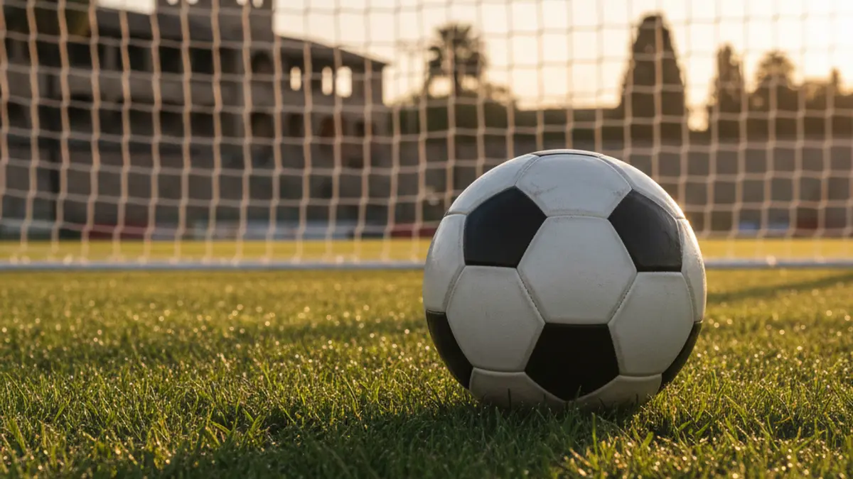 Imatge genèrica d'una pilota de futbol sobre la gespa d'un camp, amb la porteria desenfocada al fons.