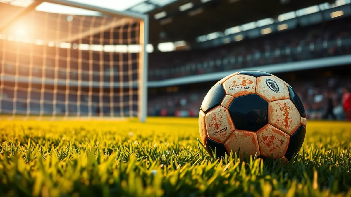 Generic image of a soccer ball on a green field, with a blurred goal net in the background.