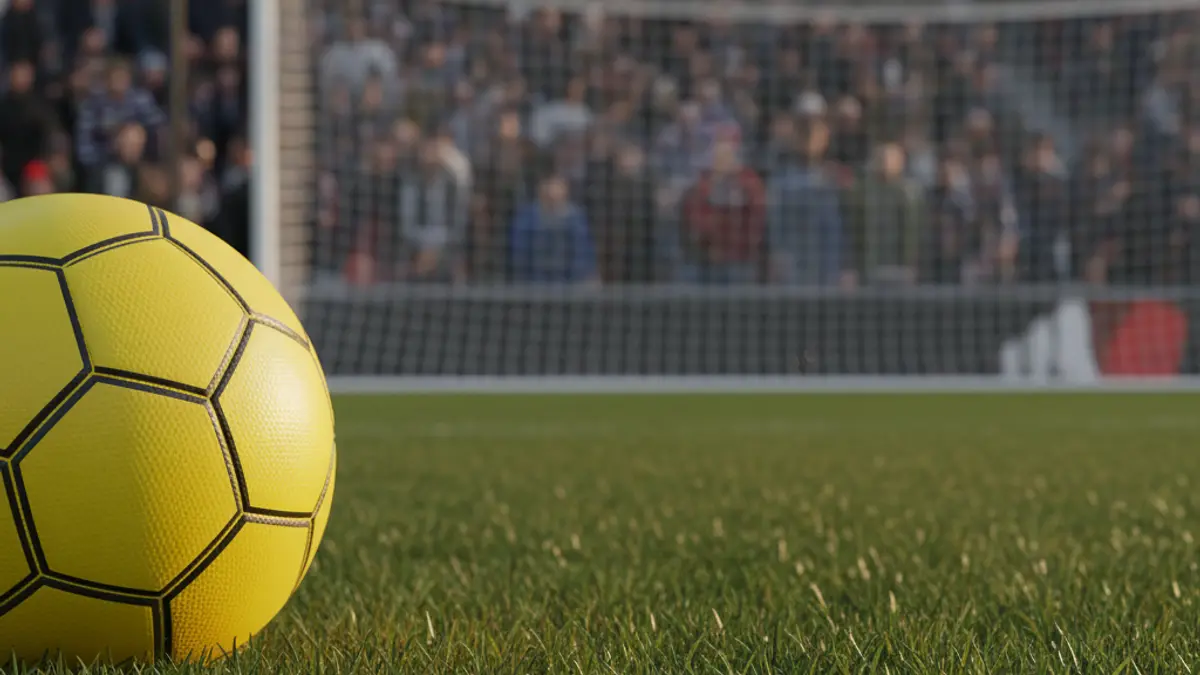 Generic image of a yellow soccer ball on green grass in a stadium, with a blurred goal net in the background.