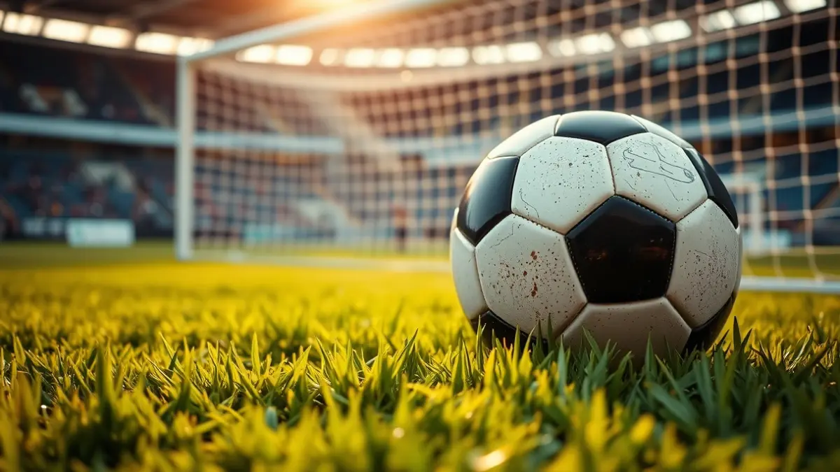 Generic image of a soccer ball on stadium grass, with a blurred goal net in the background.