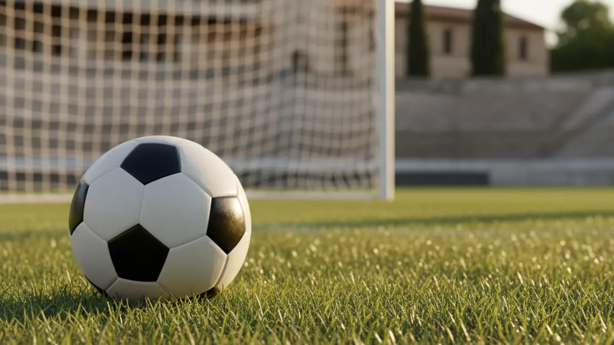 Generic image of a soccer ball on a stadium pitch, with a blurred goal net in the background, during sunset.