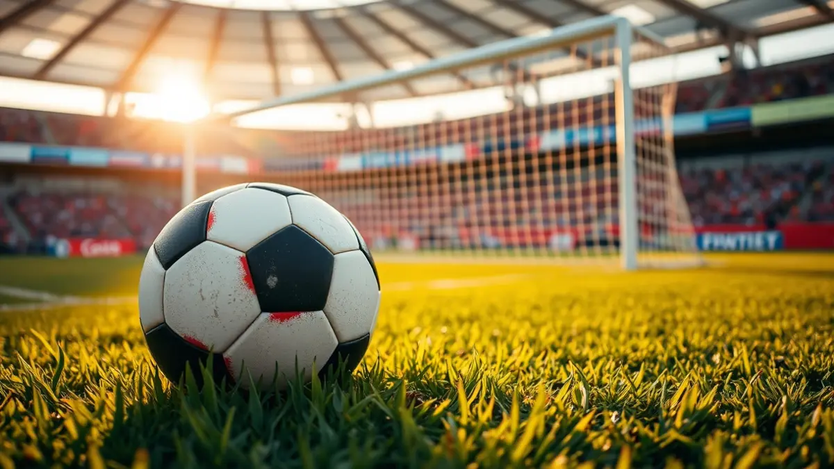 Generic image of a soccer ball on stadium grass, with a blurred goal net in the background.