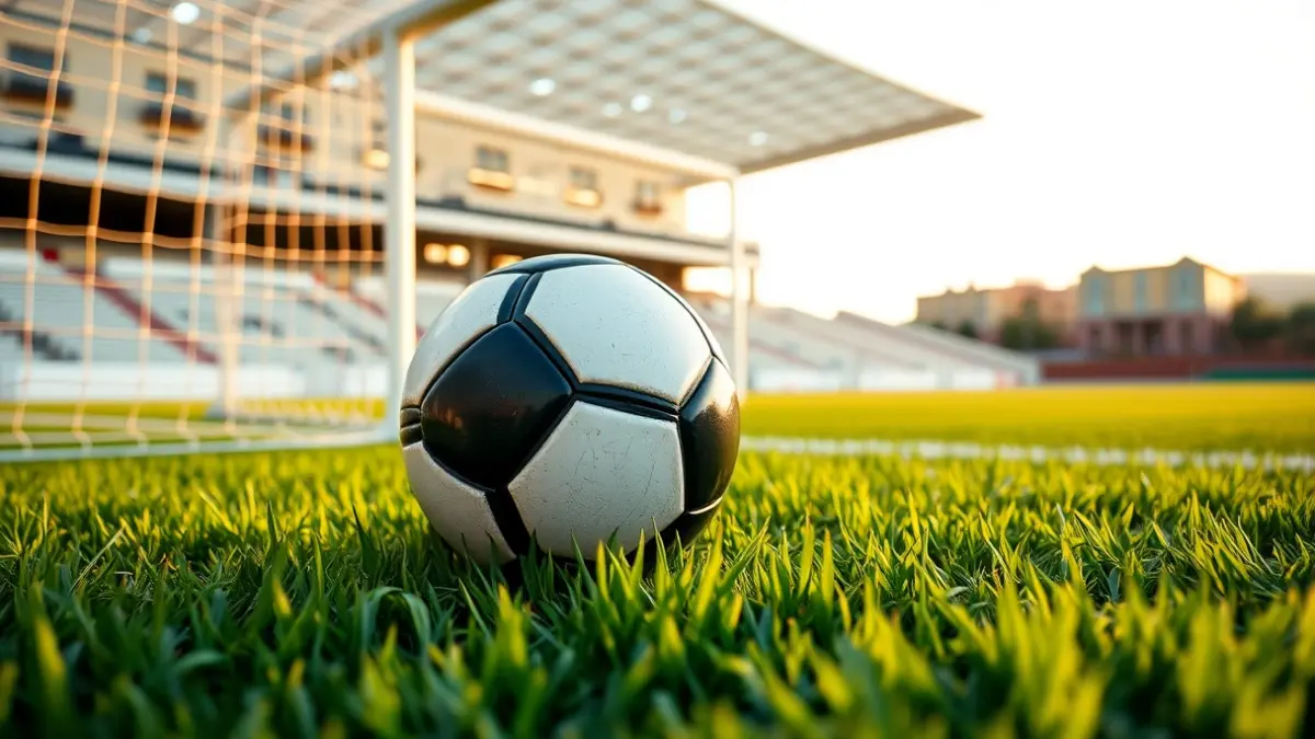 Generic image of a soccer ball on a grass field, with a blurred goal net in the background.