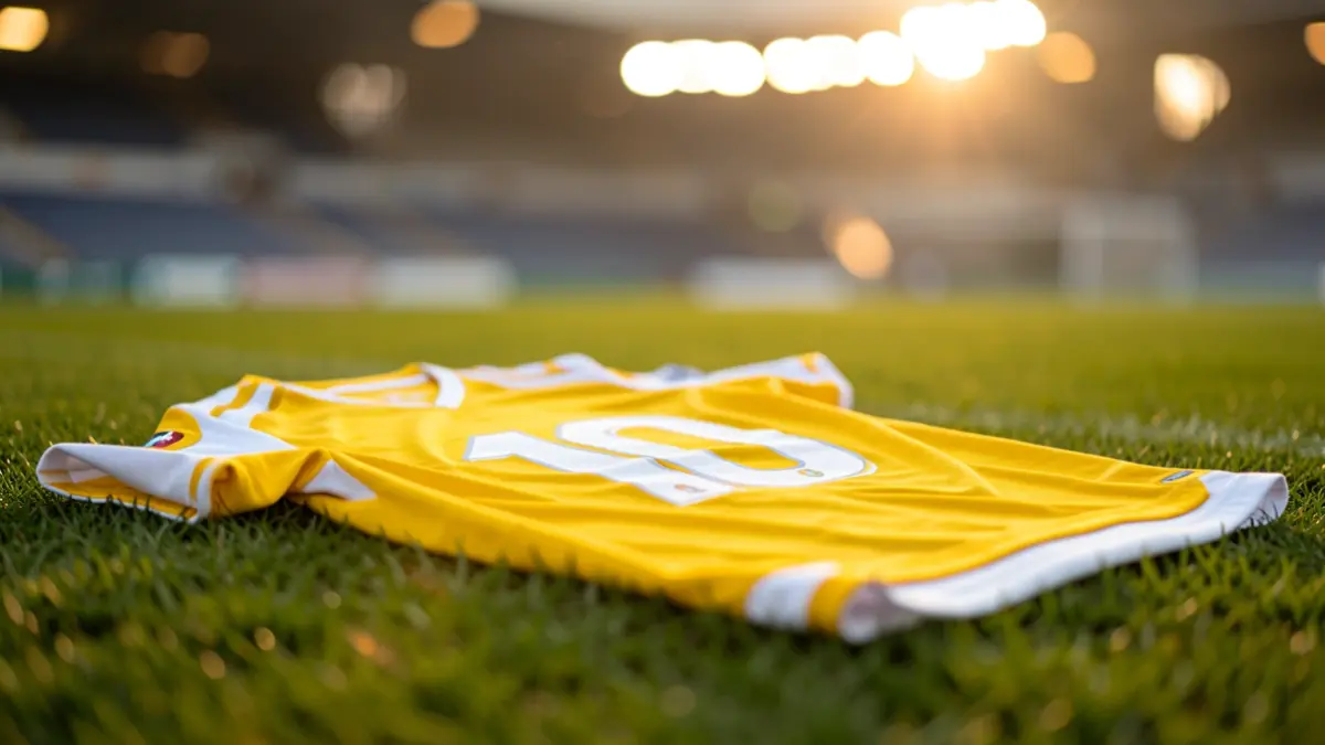 Imatge genèrica d'una samarreta de futbol groga i blanca sobre gespa verda.