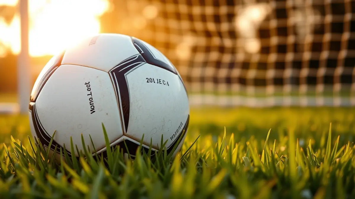 Generic image of a soccer ball on grass, with a blurred goal in the background.