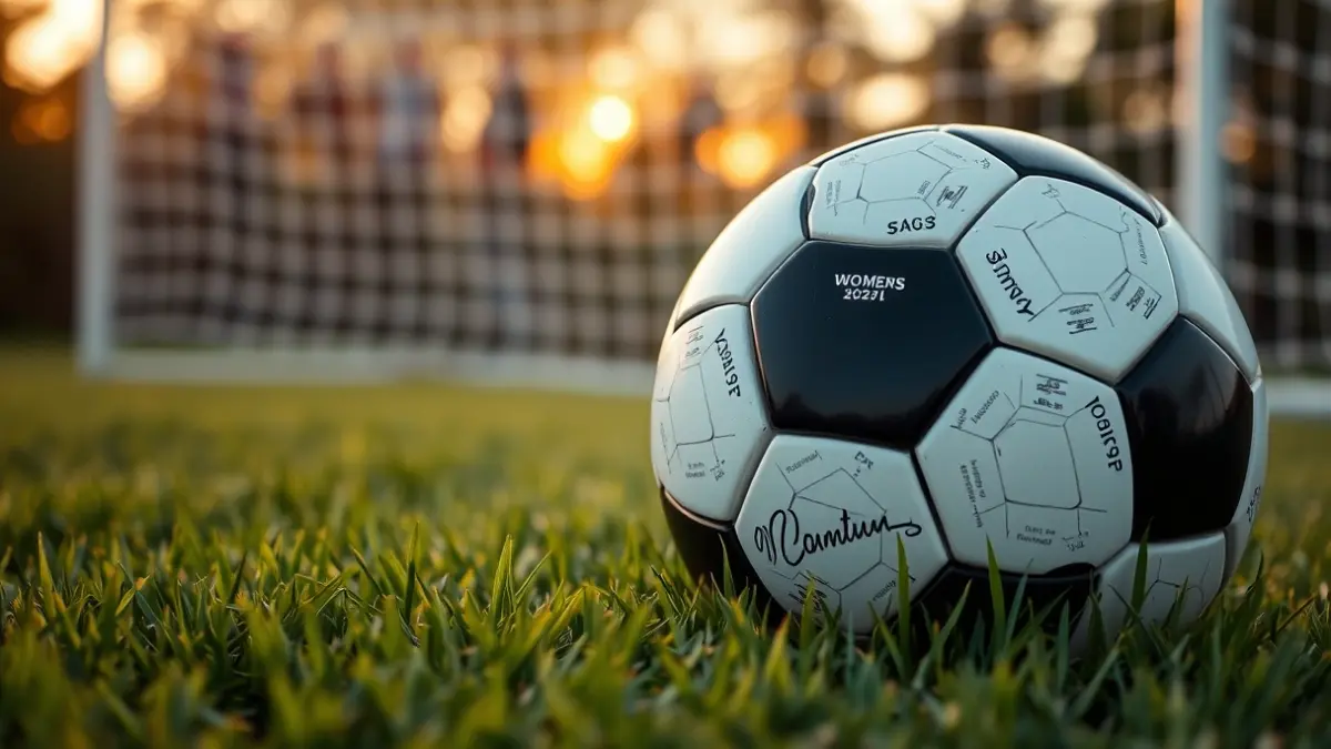Imagen genérica de un balón de fútbol en el césped, con la portería desenfocada al fondo, representando un partido de fútbol femenino.