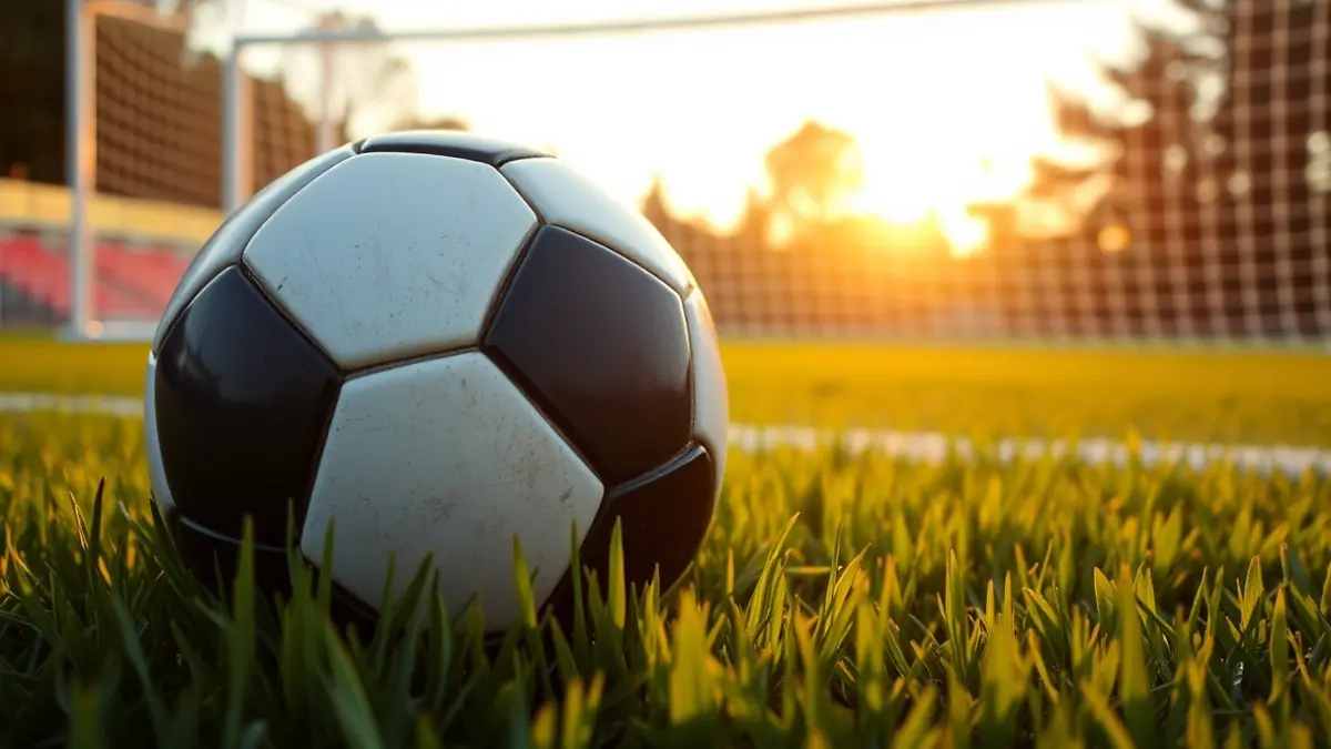 Imatge genèrica d'una pilota de futbol sobre la gespa d'un camp, amb la porteria desenfocada al fons.