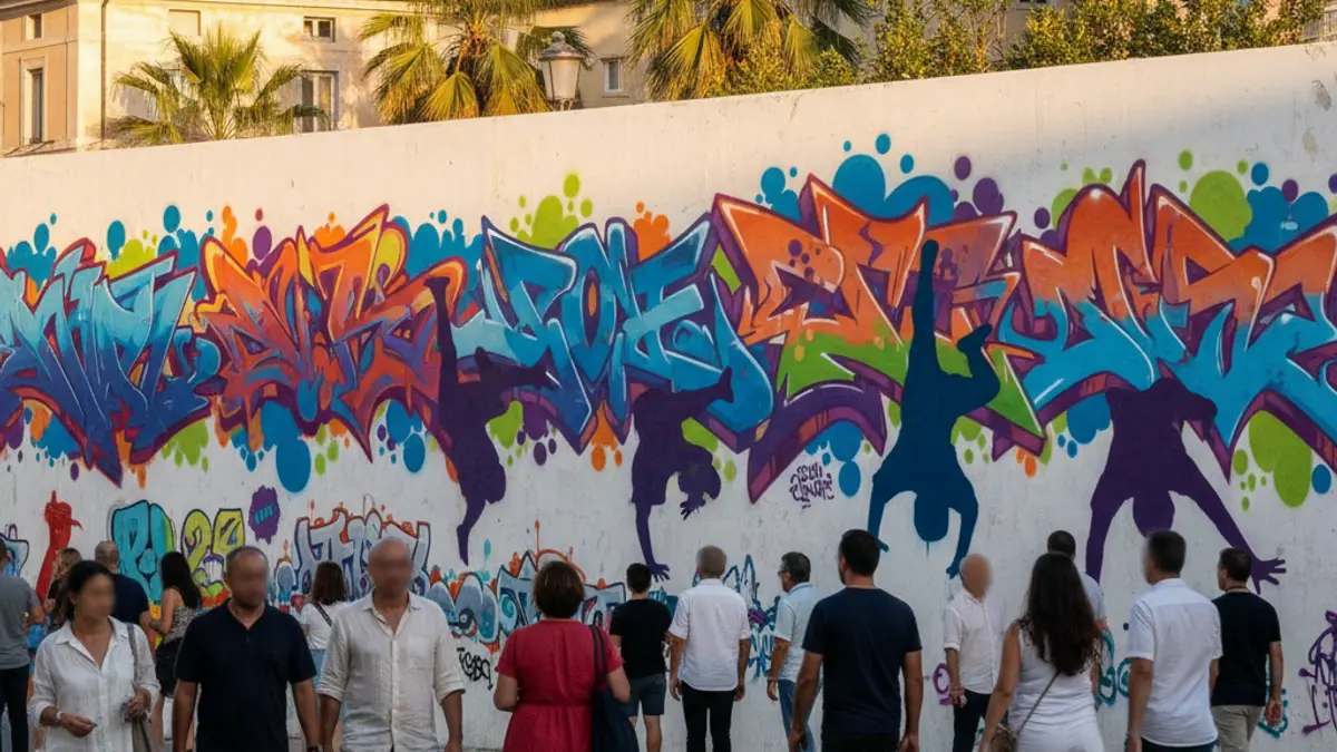 Imatge d'un mural de grafit amb elements de la cultura hip hop en un entorn urbà mediterrani.