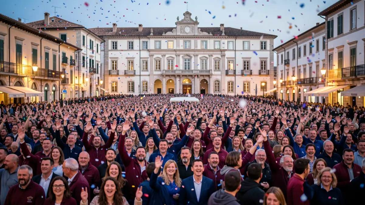 Imatge genèrica de milers de persones celebrant un ascens esportiu amb els colors del seu equip davant d'un ajuntament.