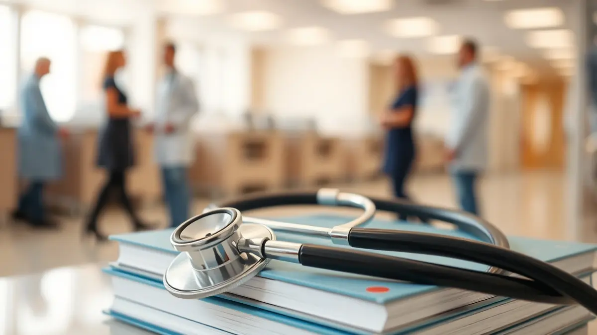 Generic image of a medical stethoscope on textbooks in a hospital, with blurred figures of medical staff in the background.