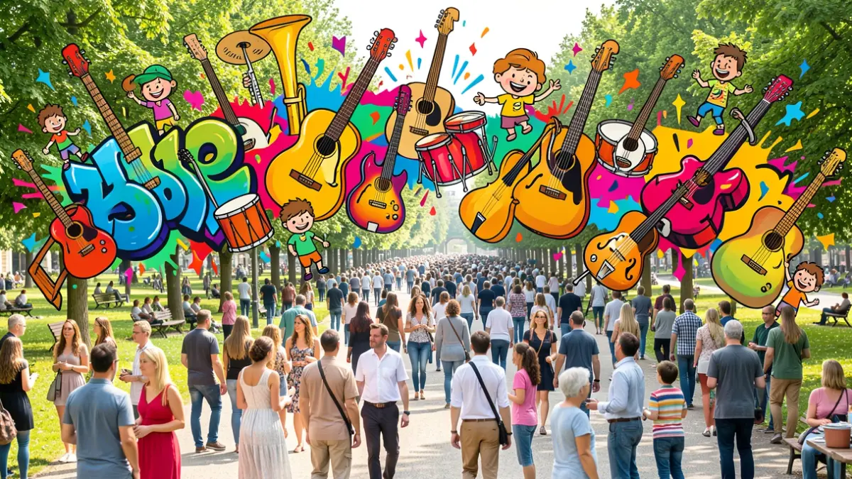 Imatge genèrica d'instruments musicals i grafits en un parc festiu.