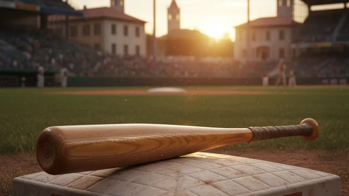 Imatge genèrica d'un bat de beisbol en el plat de casa, amb el camp desenfocat al fons.