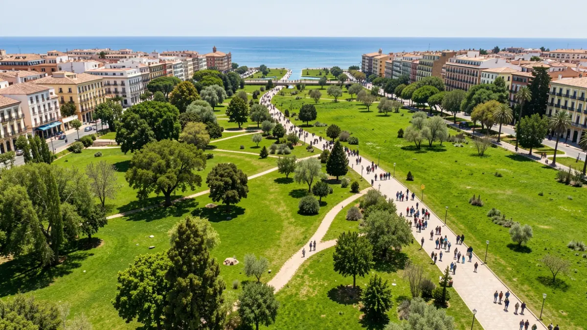 Aerial view of the Turia riverbed in Valencia with green areas.