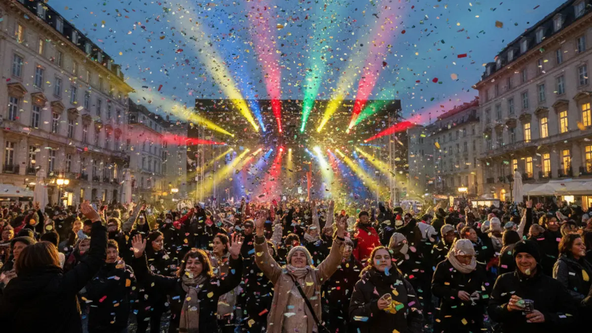 Generic image of a cultural festival with a blurred crowd and colorful lights.