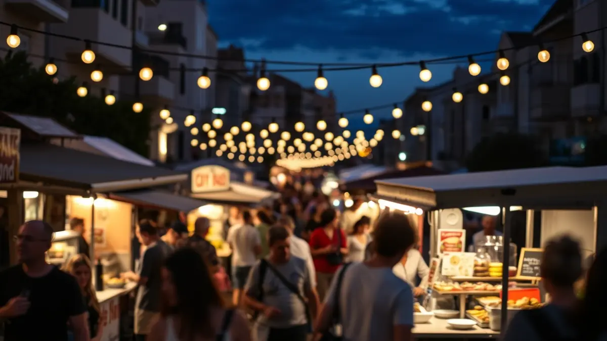 Imagen genérica de un animado mercado de comida callejera al anochecer en una ciudad mediterránea.