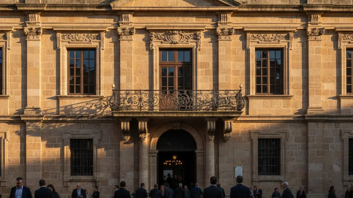 Facade of Elche town hall with balcony and iron railings, bathed in afternoon sunlight.