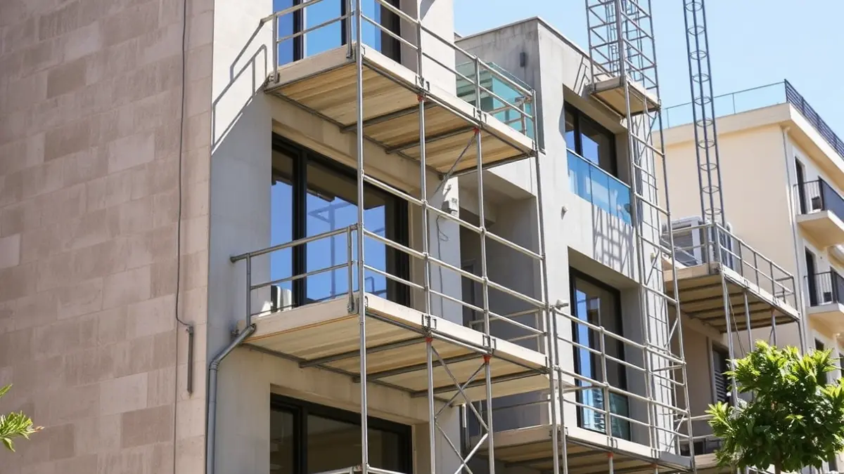 Image of a residential building under construction in a Mediterranean urban setting.