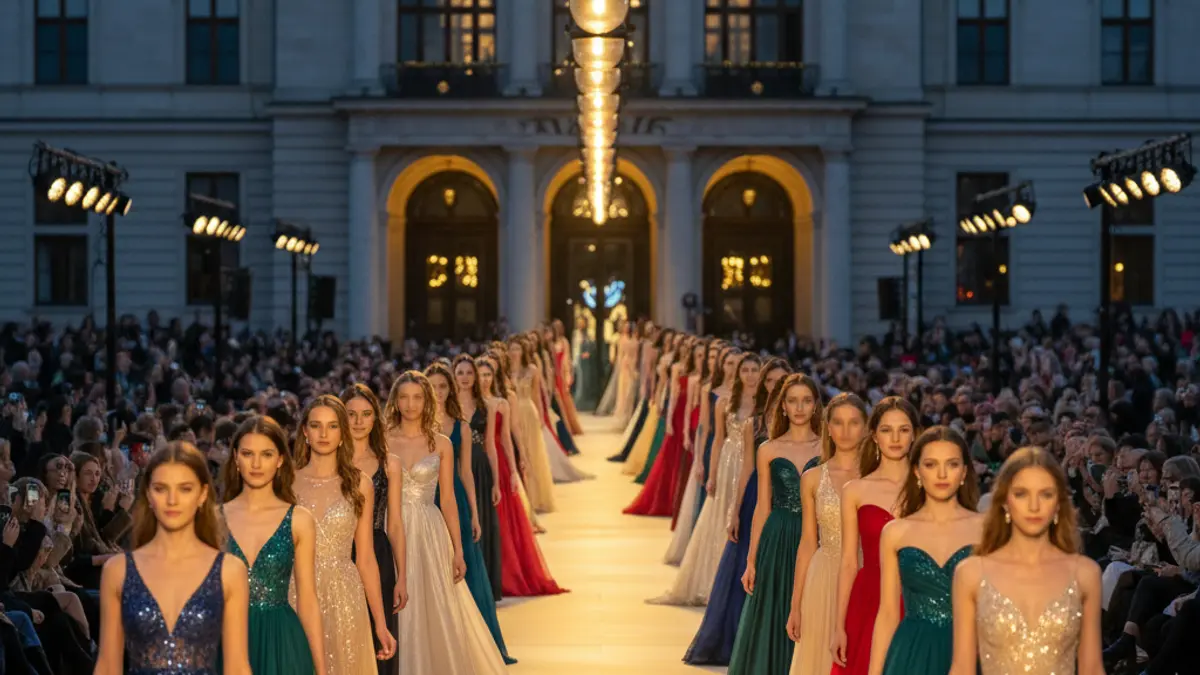 Image of the candidates for queens and ladies of Elche's festivities parading on a night catwalk.
