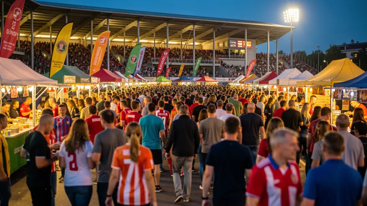 Generic image of a fan zone in front of a football stadium with people celebrating.