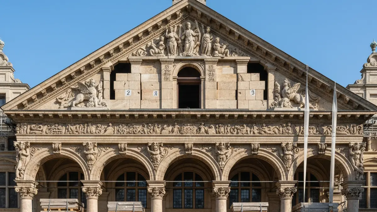 Image of a historic facade with stone details, partially dismantled for restoration.