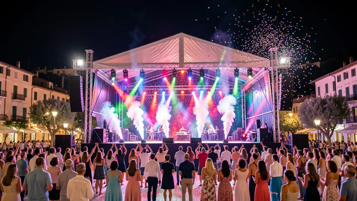 Generic image of a popular festival with a stage and special effects.