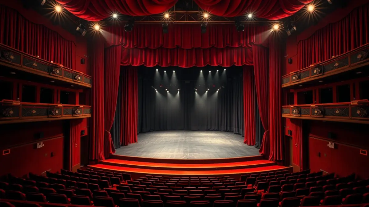 Imatge genèrica d'un escenari de teatre amb cortines de vellut roig i focus.