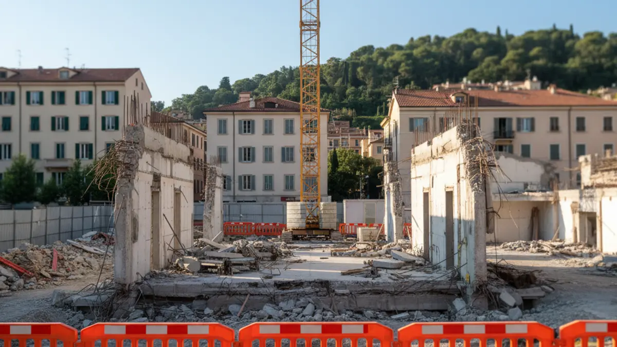 Imatge d'unes obres en un jardí urbà amb barreres de seguretat i estructures de formigó parcialment demolides.