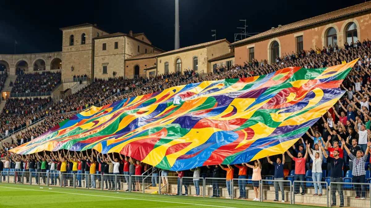 Generic image of a large fan-made tifo banner in a football stadium, with Mediterranean architectural elements in the background.