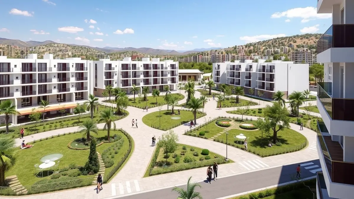 Image of a modern urbanization with green areas and residential buildings.
